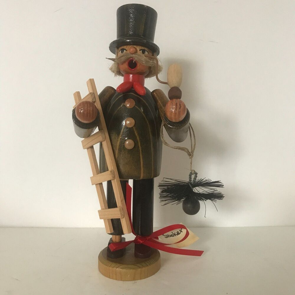 Vintage Erzgebirge Chimney Sweeper Wood Carved Smoker Ladder Brush 7-3/4 New Box